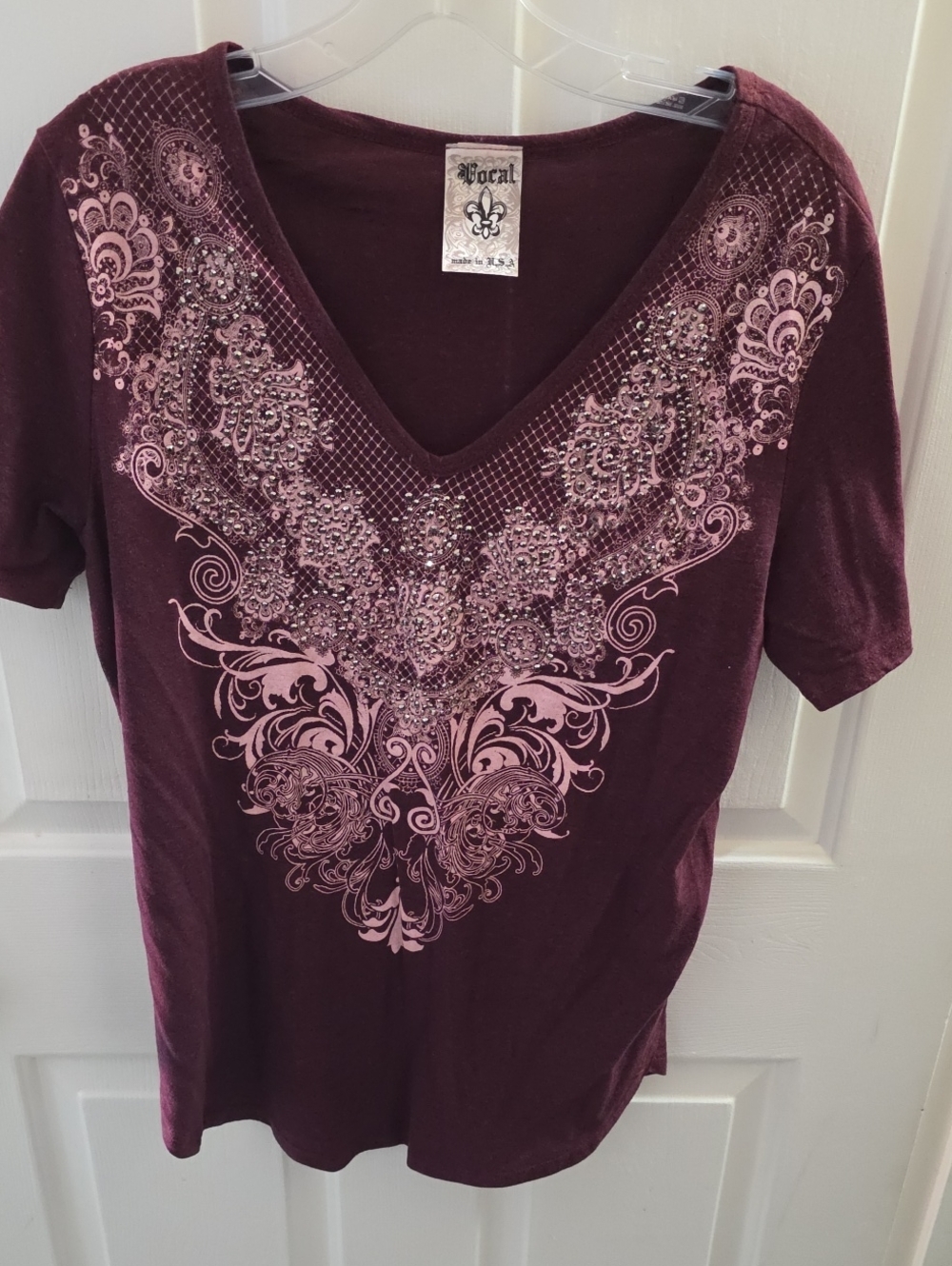 Vocal Burgundy V-Neck Short Sleeve Top with Pink Embellished Graphic